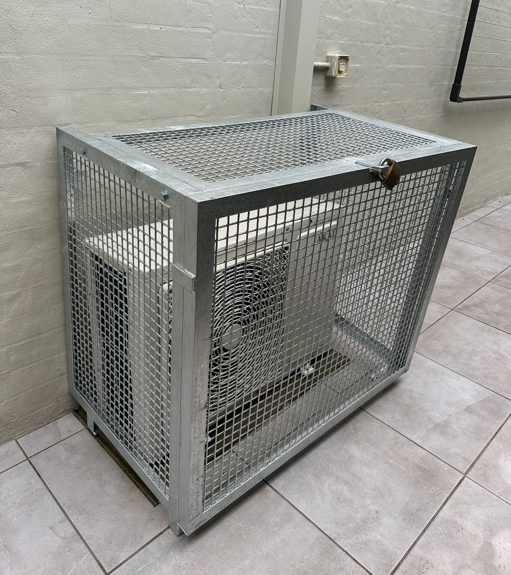 Galvanised condenser cage protecting outdoor air conditioning equipment