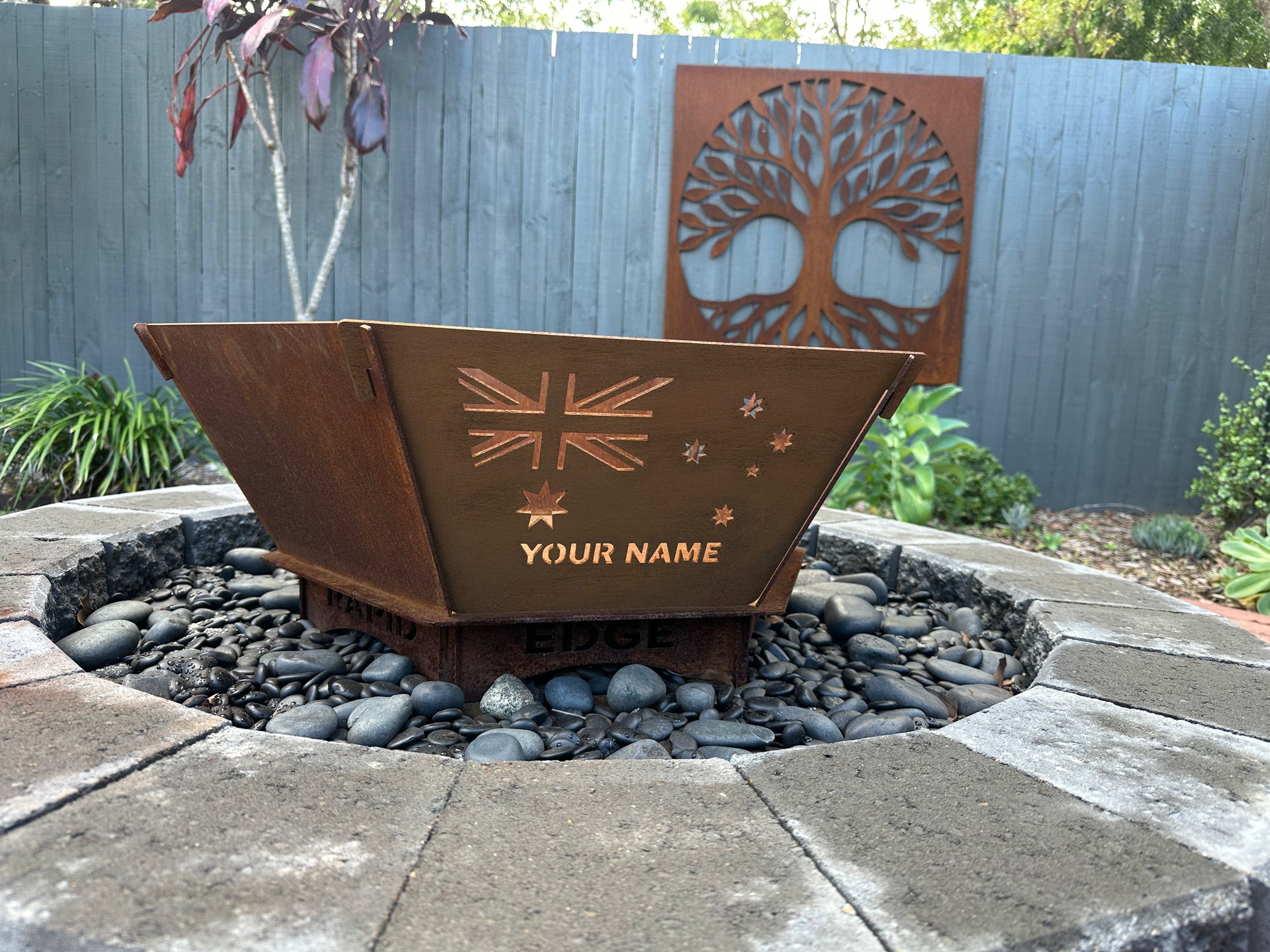 Fire Pit - Australian Flag & Custom Name 3mm Corten Steel flat pack  – Australian Made