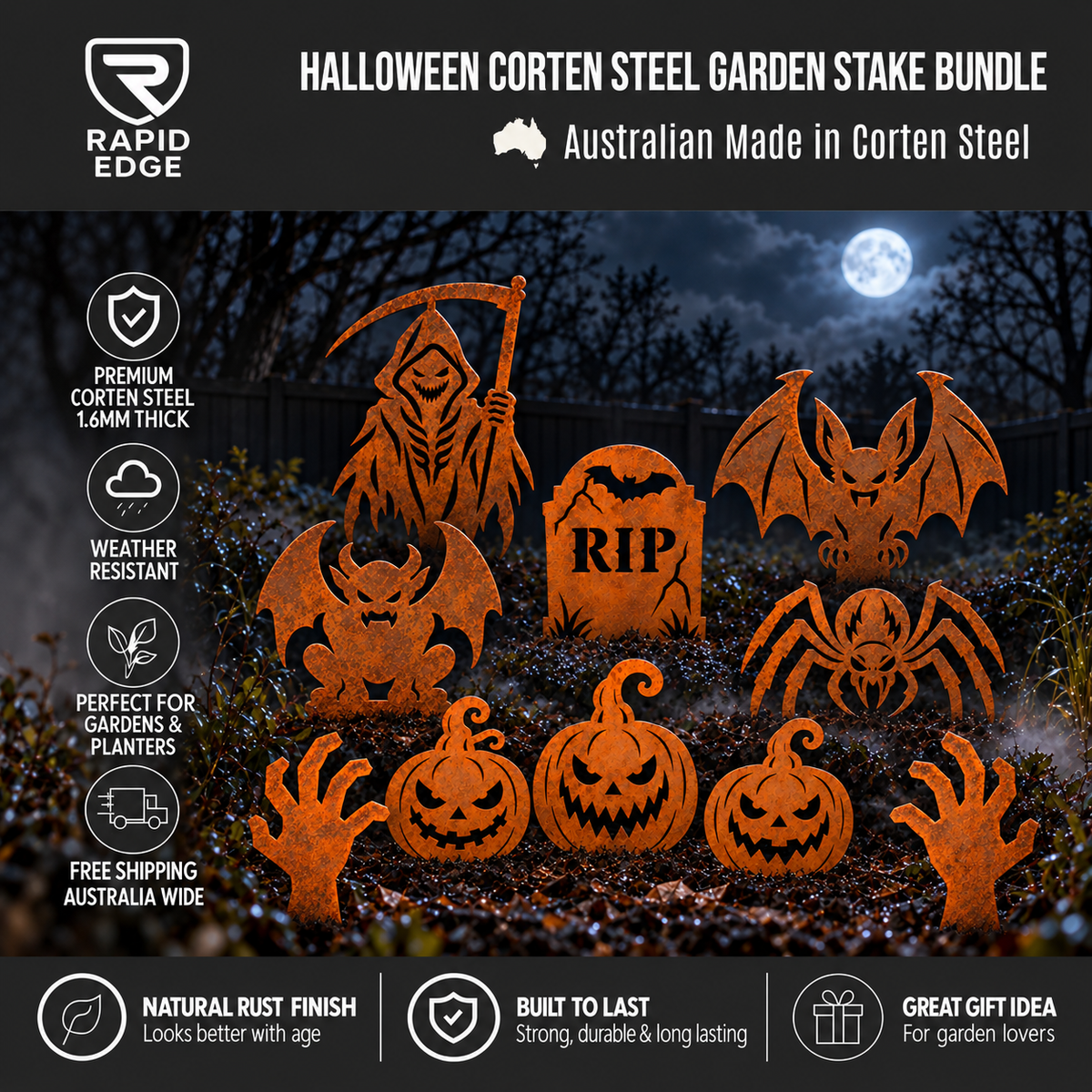 Halloween Corten Steel Garden Stakes | Spooky Metal Yard Art