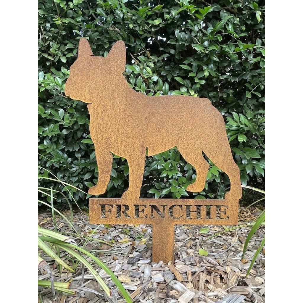 Custom Corten Steel French Bulldog Garden Stake - Personalized Name Plaque