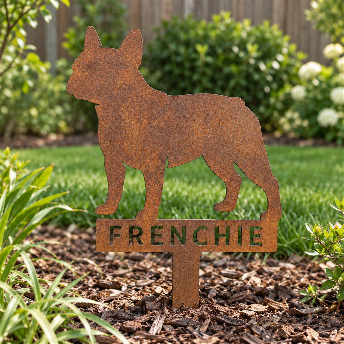 Custom Corten Steel French Bulldog Garden Stake - Personalized Name Plaque